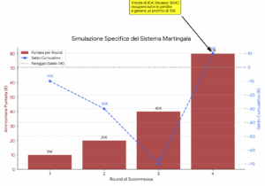 Grafico che illustra i rischi del sistema Martingala Scommesse, con perdite cumulative e puntate crescenti